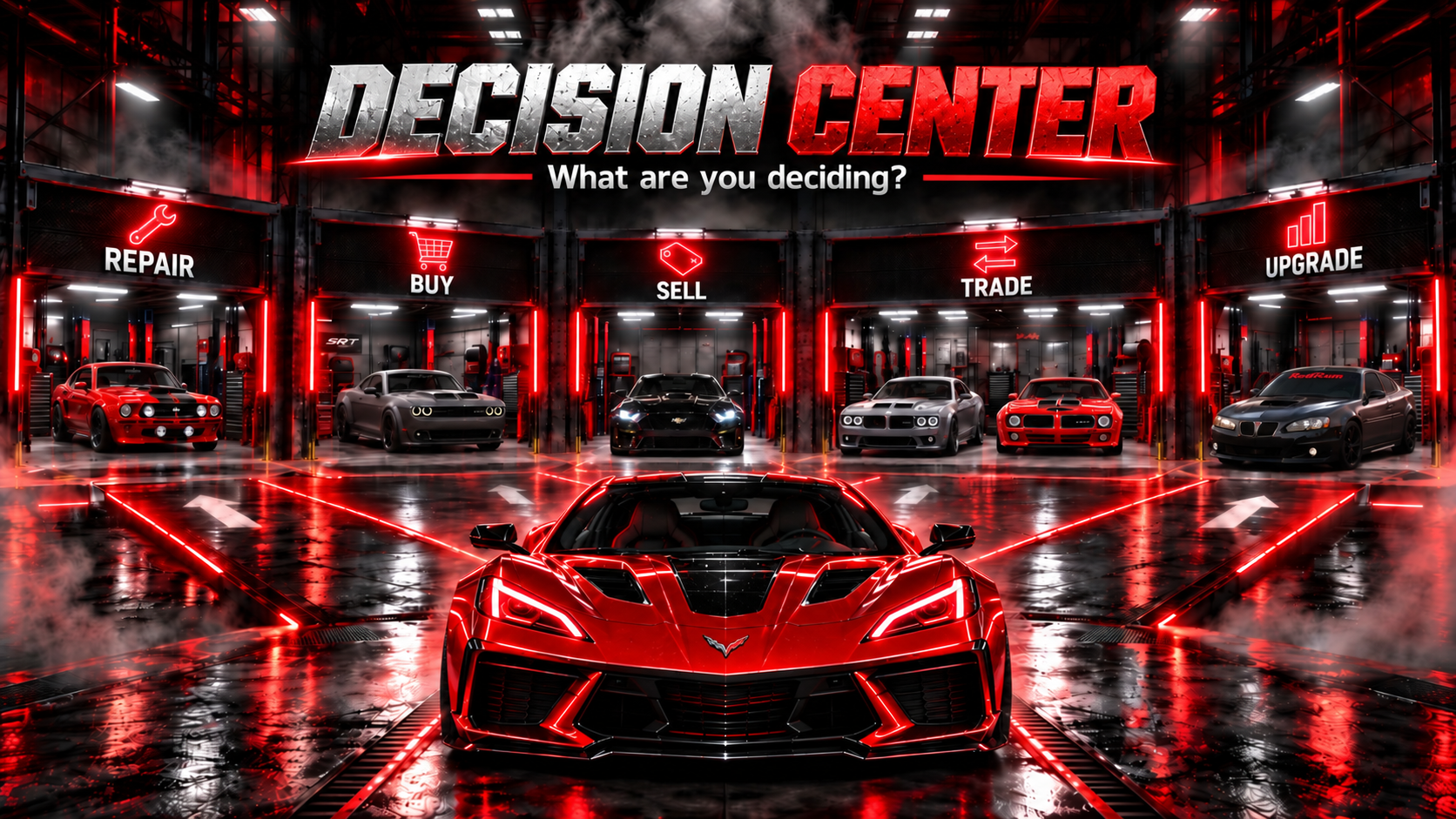 PonyUp Performance Decision Center with Repair, Buy, Sell, Trade, and Upgrade garage bays